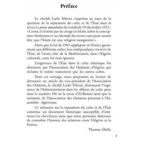 Mémoire sur la séparation du culte et de l'Etat présenté par l'Association des Oulamas d'Algérie - Héritage Editions
