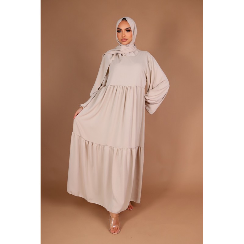 Abaya Prestige avec Hijab/Châle Intégré - Beige - 2 pièces - Taille unique