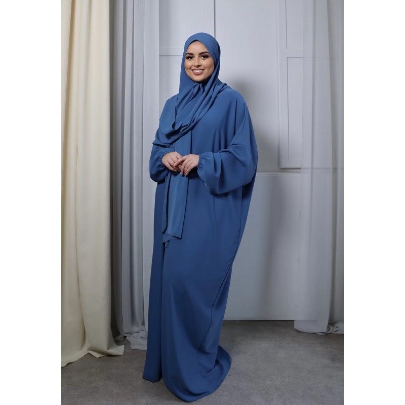 Abaya Chic avec Hijab/Châle Intégré - Bleu - 2 pièces - Taille unique