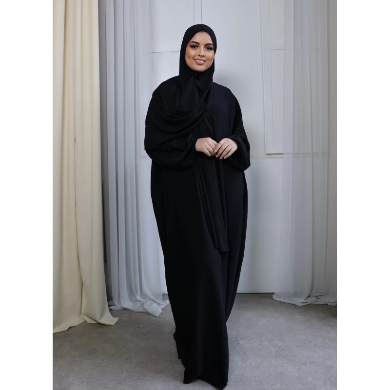 Abaya Chic avec Hijab/Châle Intégré - Noir - 2 pièces - Taille unique