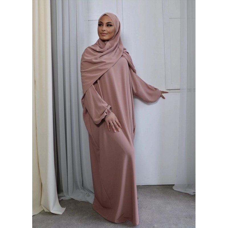 Abaya Chic avec Hijab/Châle Intégré - Rose saumon - 2 pièces - Taille unique